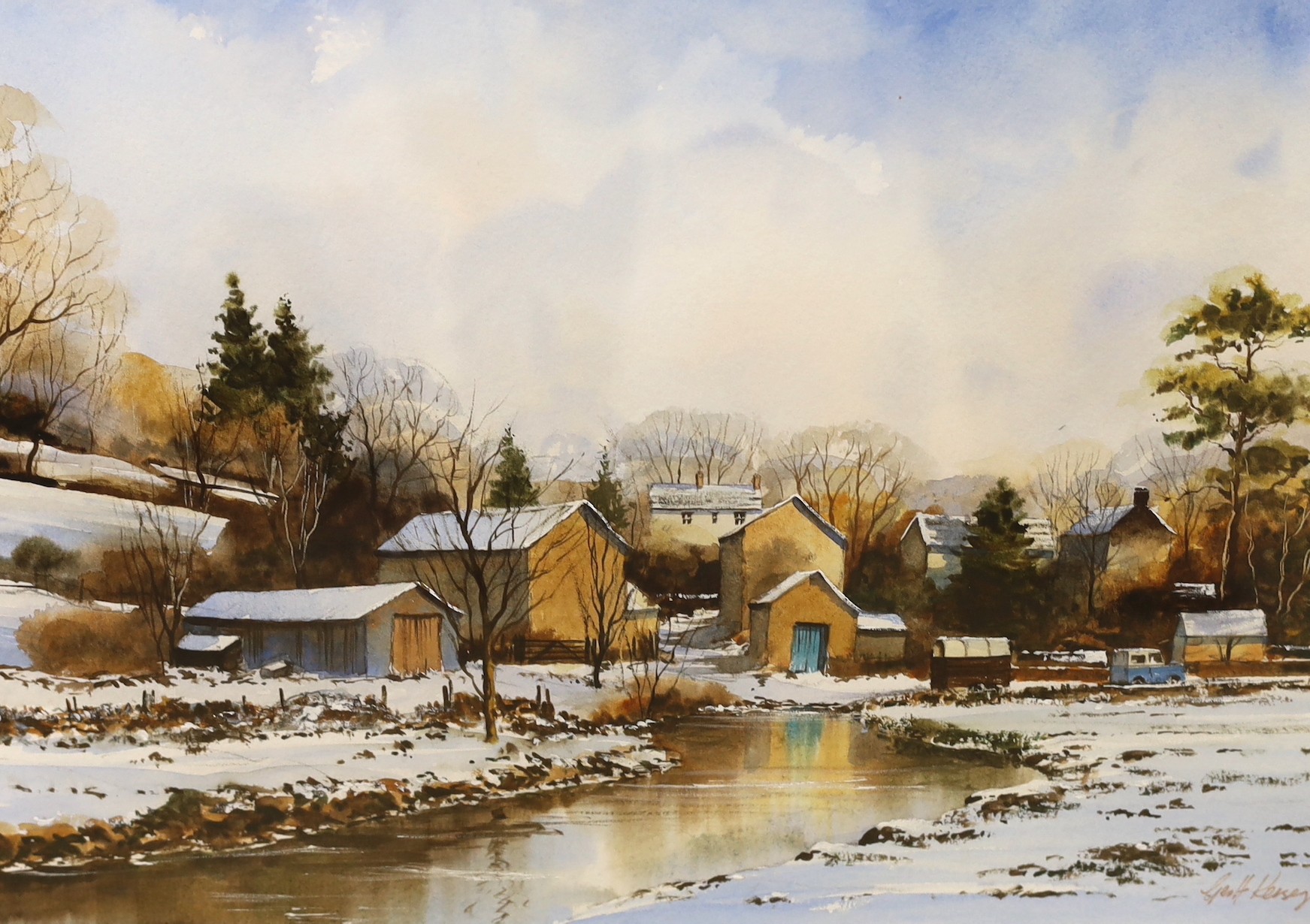 Geoff Kersey, watercolour, Winter in Bradford Dale, signed, 26 x 37cm, and a Charles Comber, oil on panel, Winter landscape, 19 x 23cm